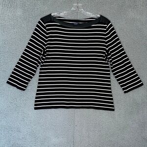 Chaps Womens XL Black White Striped Boatneck Top Faux Leather Trim 3/4 Sleeve